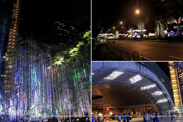 Around Ayala Triangle Gardens (top-right: Ayala Avenue; bottom-right: Ayala Tower One; Left: Lightshow)