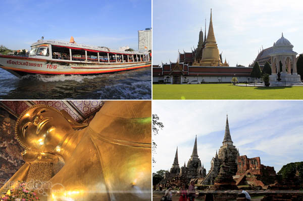 Day 2 Stops (Top-left: Chao Phraya River; Top-right: THe Grand Palace; Bottom-right: Wat Phra Si Sanphet of Ayutthaya; Bottom-left: The Reclining Buddha of Wat Pho)