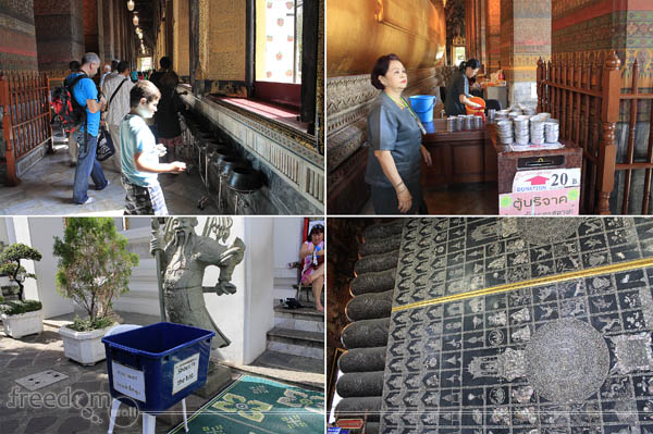 Inside and Around the Temple of Recling Buddha (Top-left: Child wishes for every coin dropped; Top-right: Donation booth in exchange of wishing coins; Bottom-right: Foot indicating 108 auspicious symbols of Buddha; Bottom-left: Crate containing bags for visitors' sandals)