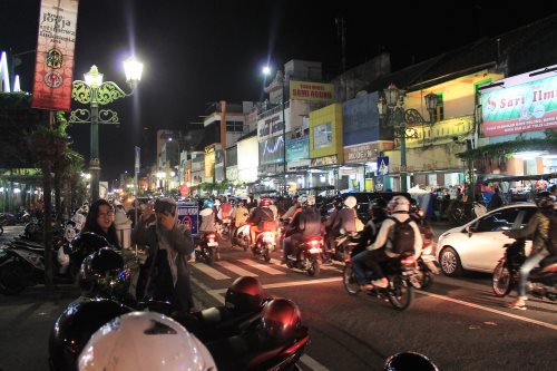 Jalan Malioboro, Yogyakarta's major thoroughfare is transformed into a vibrant entertainment district at night