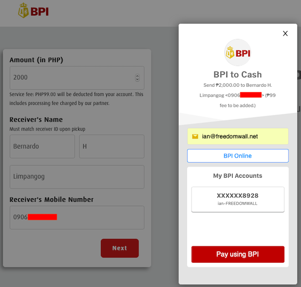 end Cash from your BPI Online account to Palawan Express Pera Padala