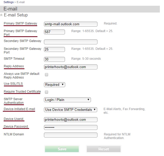 Sample SMTP Server setting using Outlook. Highlighted settings must be configured.