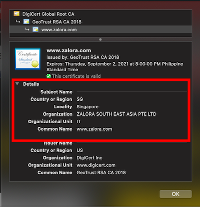 A sample of an OV SSL certification. It should show the official organization name and the country where it is registered.