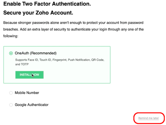 Zoho Mail 2-factor authentication setup