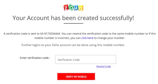 Zoho Mail mobile verification